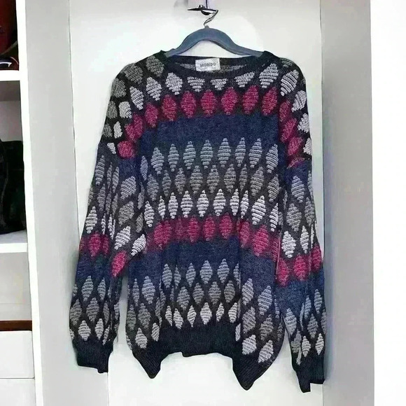 Vintage 80s 90s Mondo Linen blend diamond patterned sweater - Picture 1 of 6